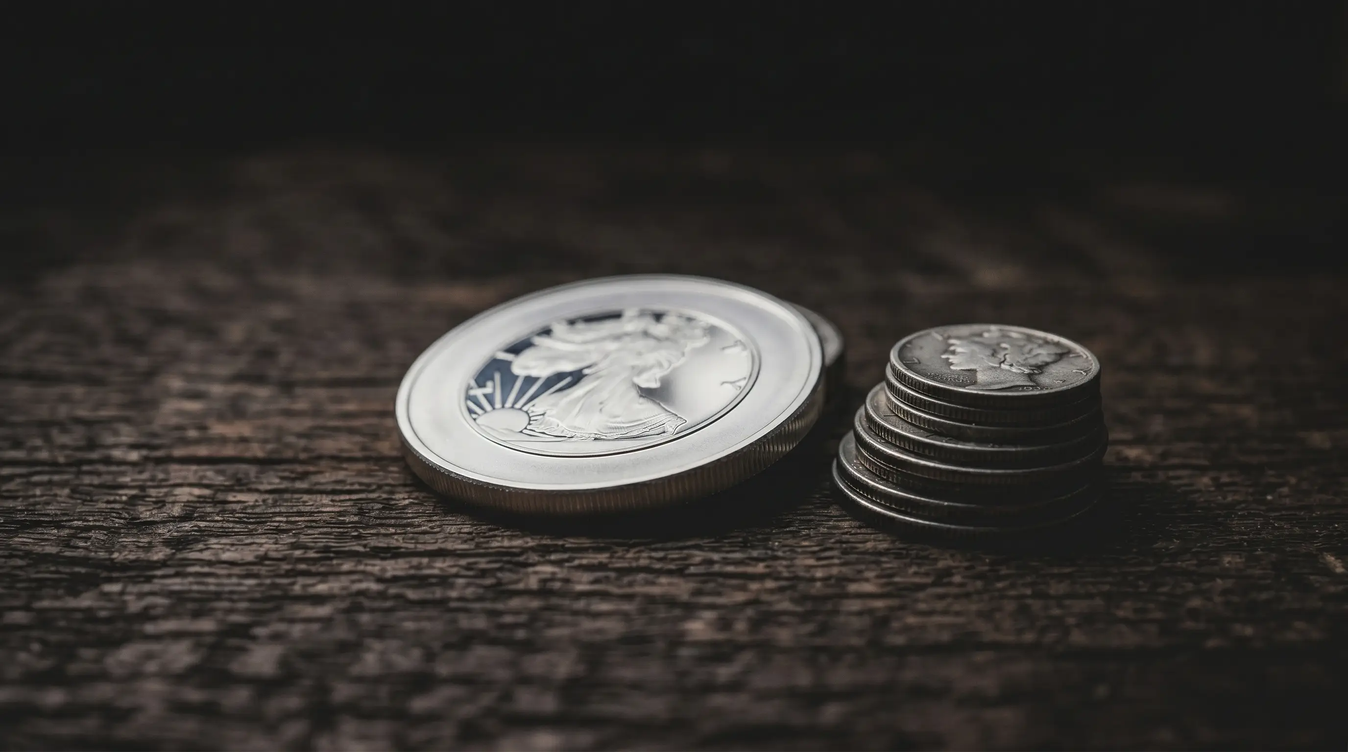 Silver coin and stack on dark wood surface