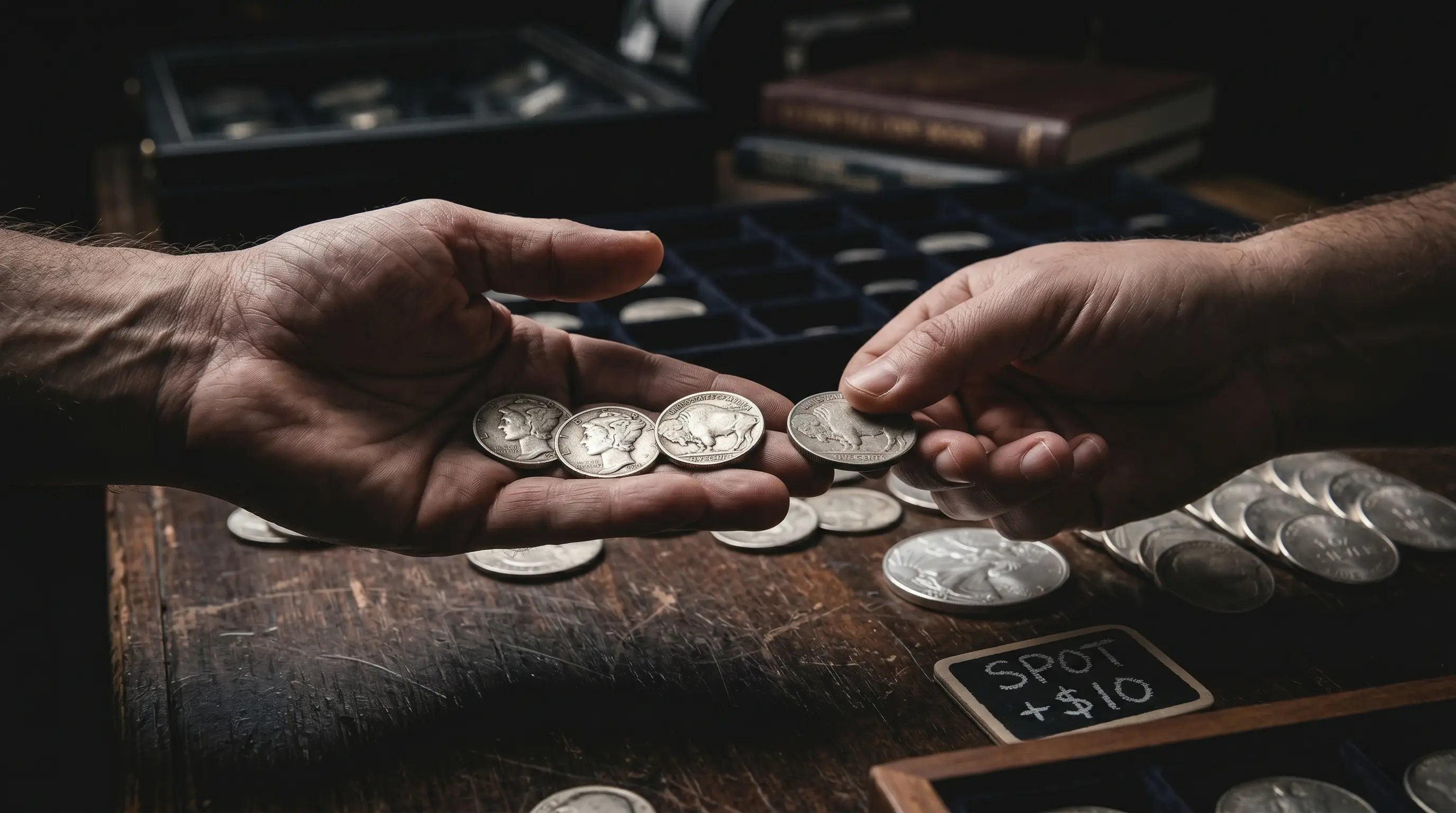 Hands exchanging silver coins over a coin shop counter