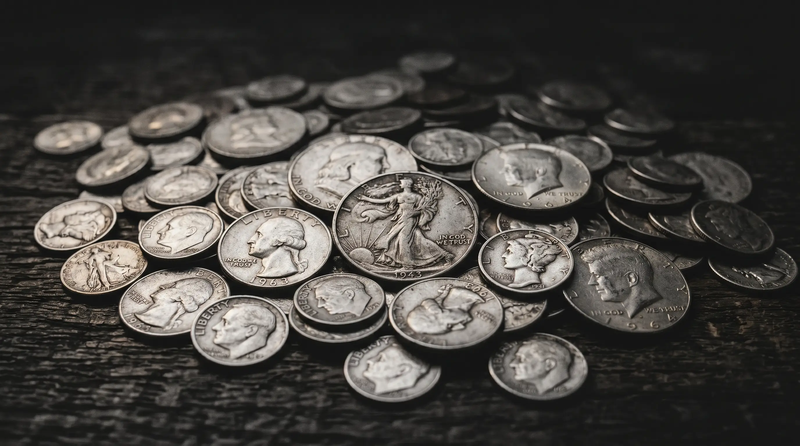 90% junk silver coins scattered on dark wood