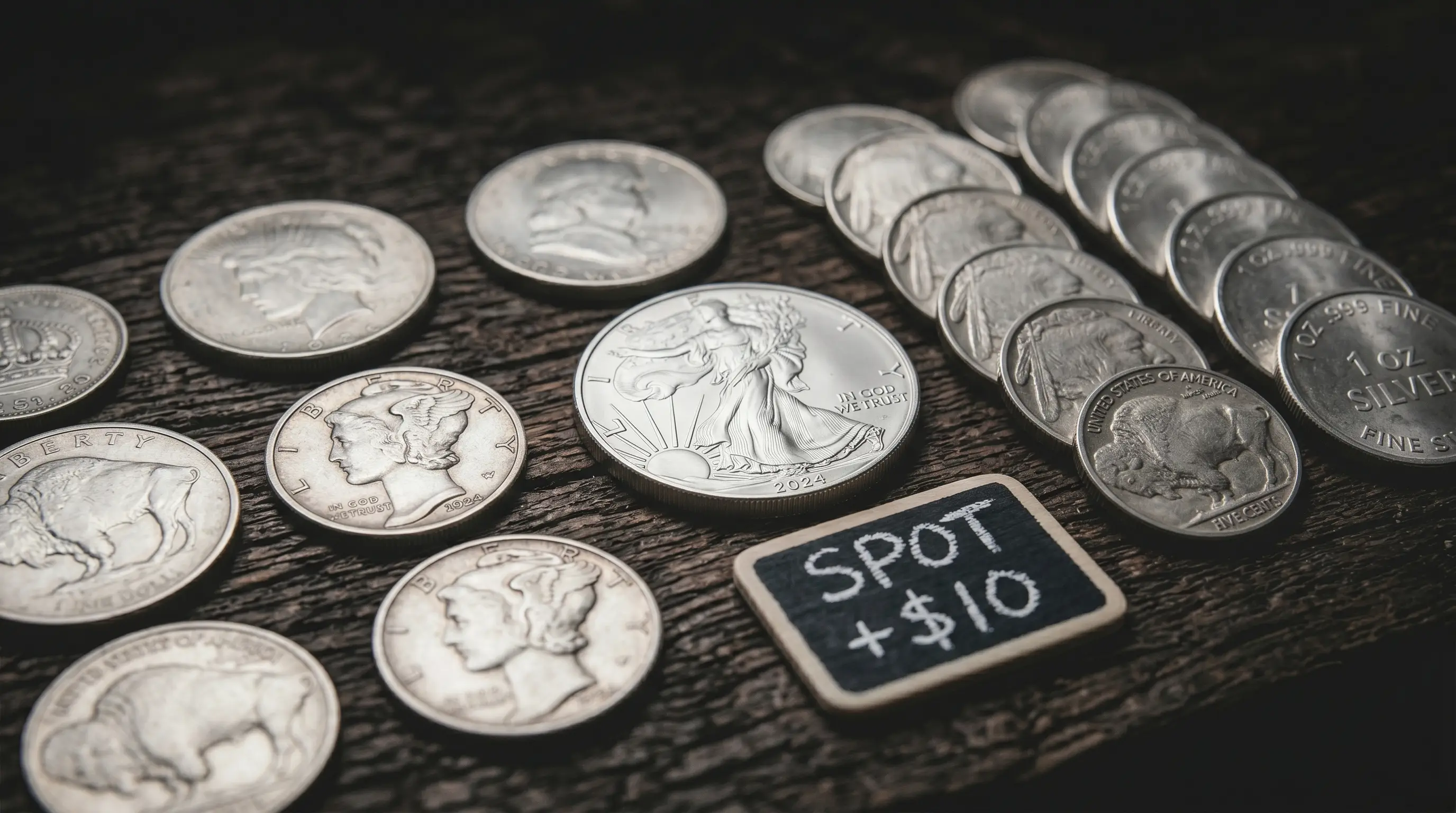 Silver coins with spot plus ten chalkboard sign